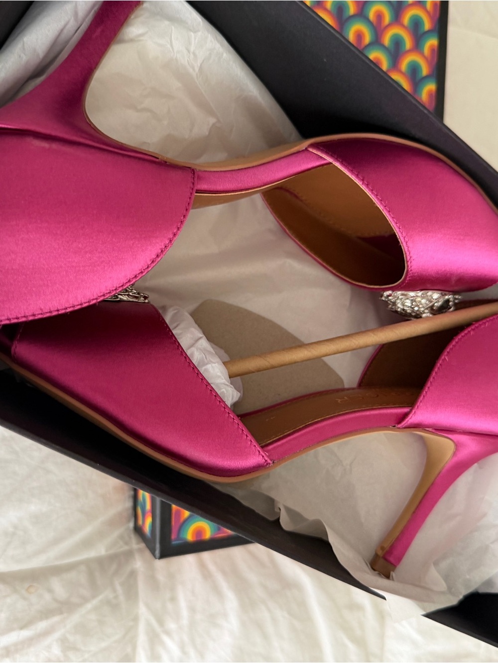 Kurt Geiger Hot Pink Satin Peep-Toe Heels with Crystal Brooch - Picture 6 of 7